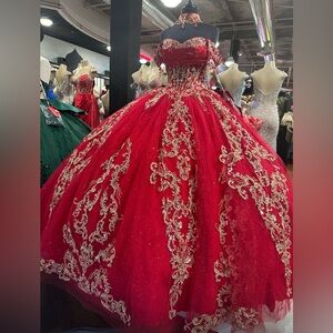 Quinceañera Red Ball Gown Dress with Gold Embroidery- quince años